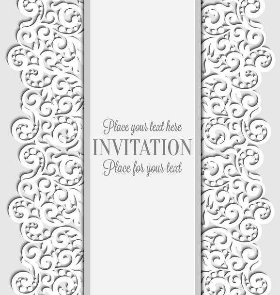 Bruiloft card met papier kant frame, lacy kleedje op uitnodiging wenskaartsjabloon - Vector, afbeelding