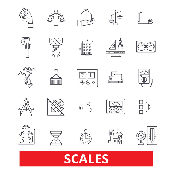 Scales, calibration, proportion, weights, balance, measure, estimate, register line icons. Editable strokes. Flat design vector illustration symbol concept. Linear signs isolated on white background - Vector, Image