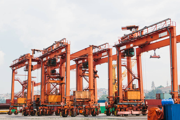 Industrial dock with loading and unloading of sea transport on the Bosporus in Istanbul, Turkey. Transportation, storage, business. - Valokuva, kuva