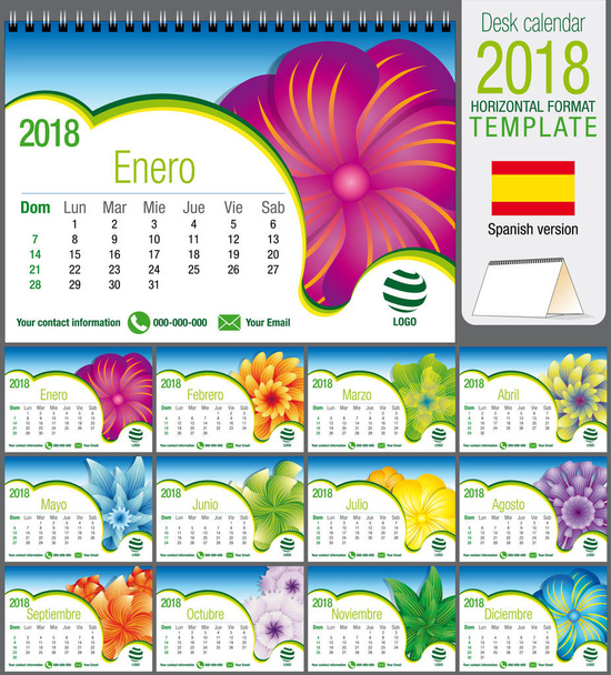 Tischdreieck-Kalendervorlage 2018 mit abstraktem Blumenmuster. Größe: 21 cm x 15 cm. Format a5. Vektorbild. spanische Version - Vektor, Bild