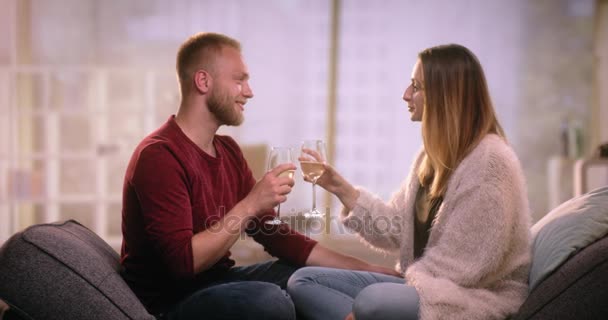 Couple in love clinking glasses and kissing - Felvétel, videó