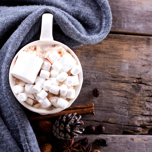 Cocoa with marshmallow and warm knitted plaid - Valokuva, kuva