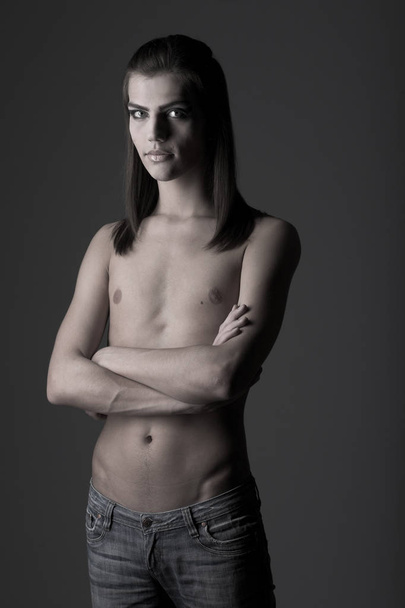 fashion male model over grey background - Фото, зображення