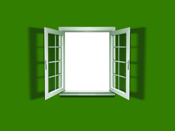 Ανοίξτε το παράθυρο στον πράσινο τοίχο - Φωτογραφία, εικόνα