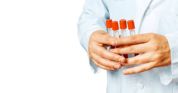 Global Research And Healthcape Concept. Male hands hold laboratory test tubes - Photo, Image