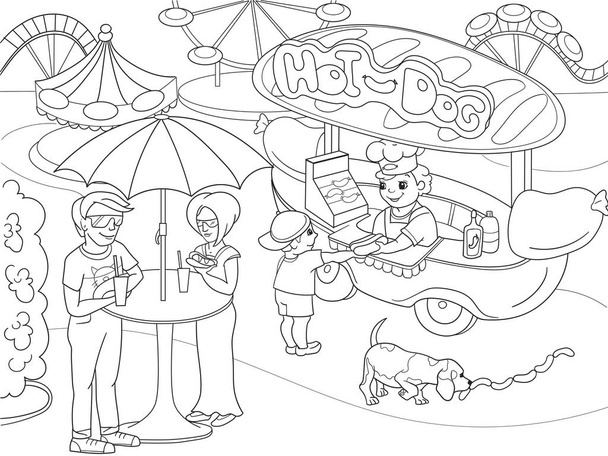 Páginas de colorir parque de diversões para crianças. Cachorro. ilustração do vetor Food Truck
 - Vetor, Imagem