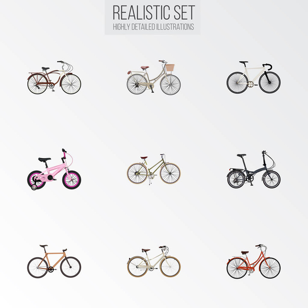 Reális közúti sebesség, a lány, a régi és a vektoros elemeivel. Kerékpár reális szimbólumok is tartalmaz Retro, körutazás, kerékpár objektumok. - Vektor, kép