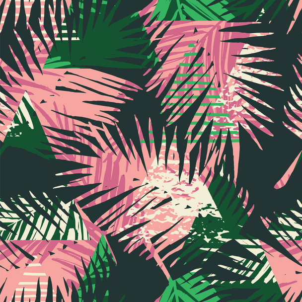 Seamless exotic pattern with tropical palm leaves on geometric background. - Vetor, Imagem