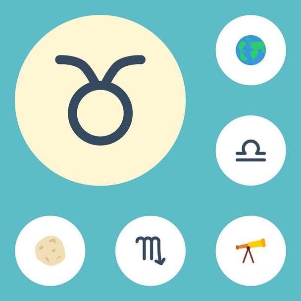 Lapos ikonok bika, mérleg, állatöv jel és más vektorgrafikus elemek. Asztrológia lapos ikonok szimbólumok is tartalmaz Libra, üstökös, Globe objektumok. - Vektor, kép