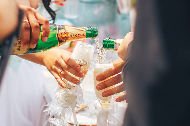 champagne on wedding in bottles and glasses - Photo, Image