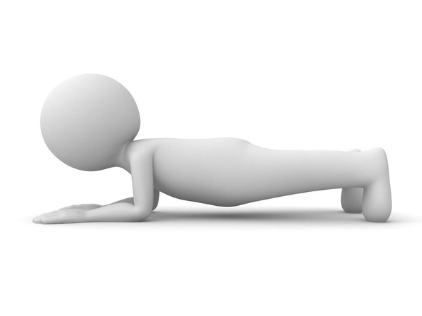 3D-Mann macht Plank Übung isoliert auf weißem Hintergrund mit Schatten. 3D-Darstellung - Foto, Bild