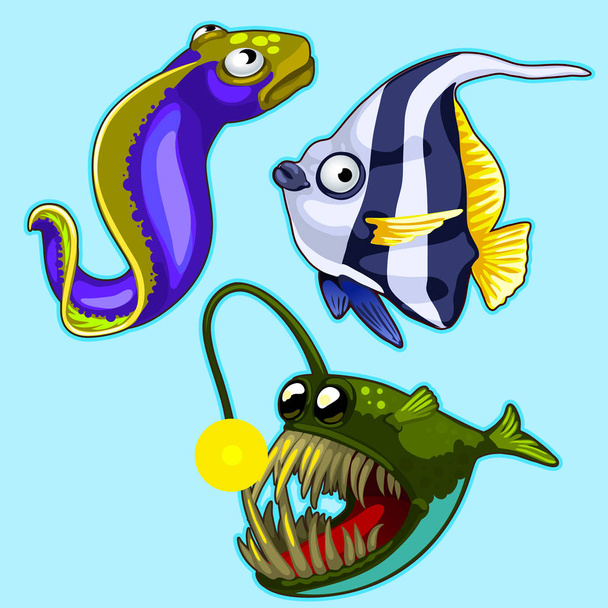 Set di rana pescatrice, anguilla, pesce tropicale a strisce su sfondo blu. Serie vettoriale di personaggi esotici del pesce
 - Vettoriali, immagini