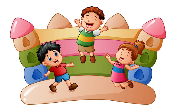 Cartoon kids playing at the bouncing house - Vector, Image