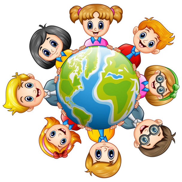 地球の周りの幸せな子供たち - ベクター画像