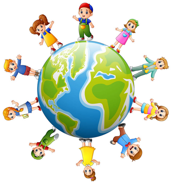 Ευτυχισμένα παιδιά στέκονται γύρω από τη γη - Διάνυσμα, εικόνα