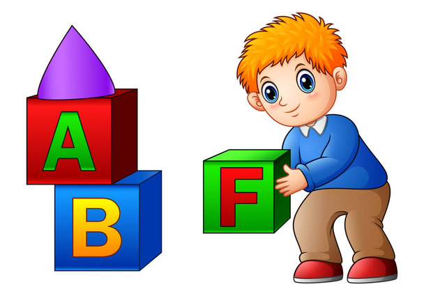 Мультяшний хлопчик грає з кубиками алфавіту
 - Вектор, зображення