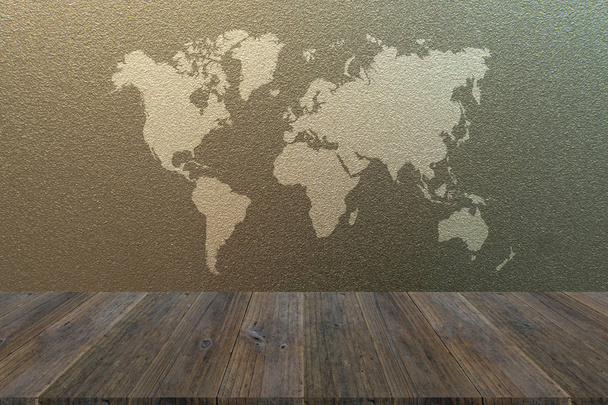 Textura de vidro fosco com terraço de madeira com mapa do mundo
 - Foto, Imagem