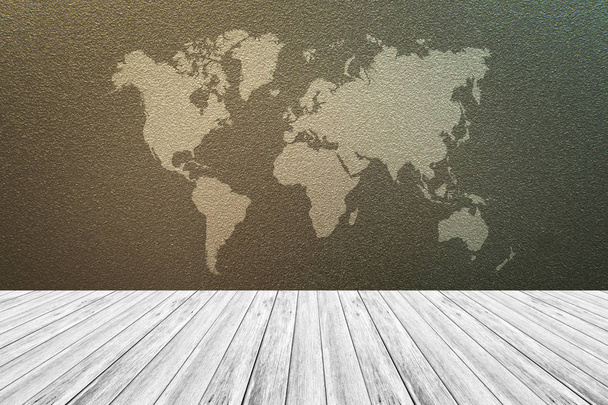 Textura de vidro fosco, com terraço em madeira branca e mapa do mundo
 - Foto, Imagem