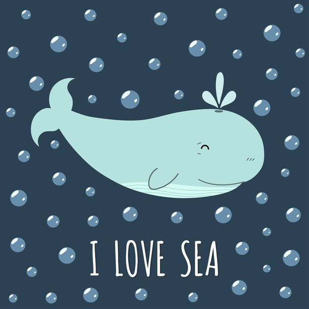 I love sea card with a cute whale. Cute print - Vector, afbeelding