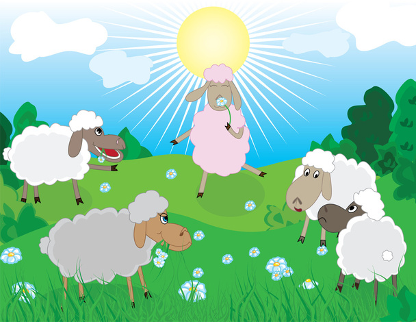 牧草地で羊 - ベクター画像