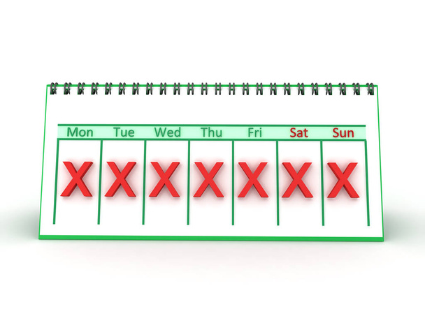 3D illustration of a weekly calendar with a red X marked on all  - Foto, immagini