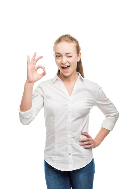 caucasian teenage girl showing ok sign - Фото, зображення