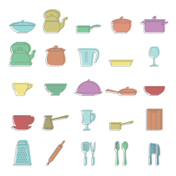 Set di icone di scarabocchi per piatti. Piatti vettoriale illustrazione per il design e web isolato su sfondo bianco. Piatti oggetto vettore doodle per etichette, loghi
 - Vettoriali, immagini