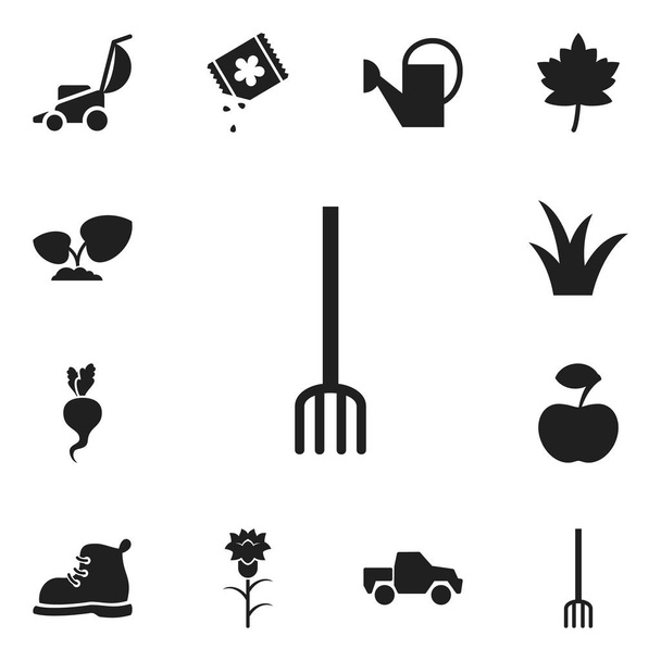 Set Of 12 Editable Planting Icons. Includes Symbols Such As Vacuum Cleaner, Hay Fork, Leaf And More. Can Be Used For Web, Mobile, UI And Infographic Design. - Vector, Image