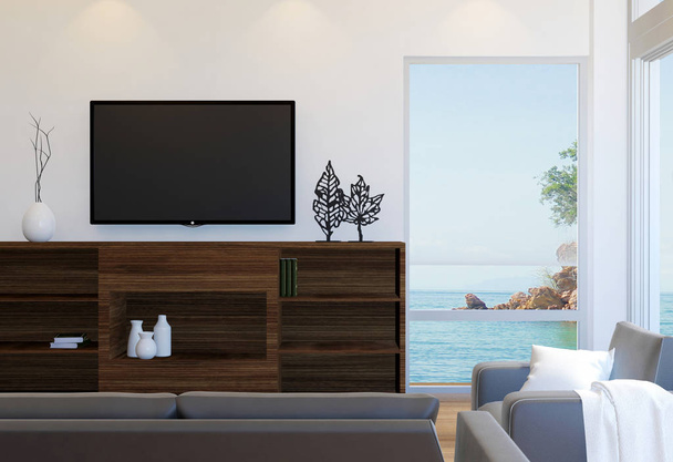 Modern appartement woonkamer interieur met uitzicht op zee, 3D-rendering - Foto, afbeelding