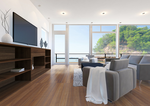 Apartamento moderno salón interior con vista al mar, renderizado 3D
 - Foto, imagen