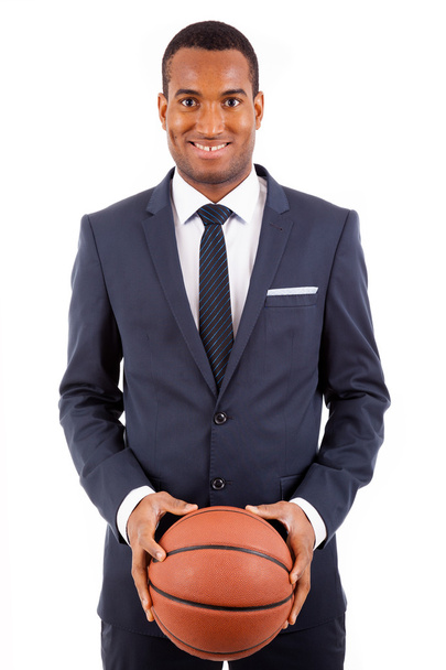 African American young business man holding a basketball, isolat - Foto, Bild