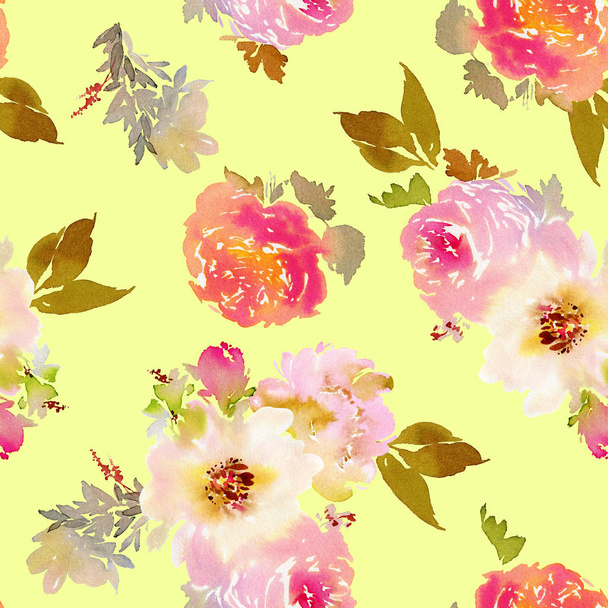 Seamless summer pattern with watercolor flowers handmade. - 写真・画像