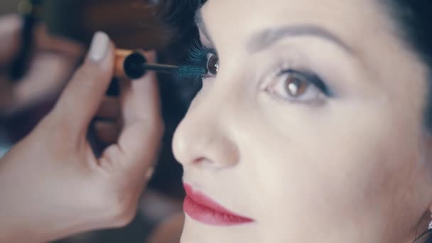SLOW MO makeup artist does make-up to beautiful brunette woman. Hand of stylist dye eyelashes model - Filmagem, Vídeo