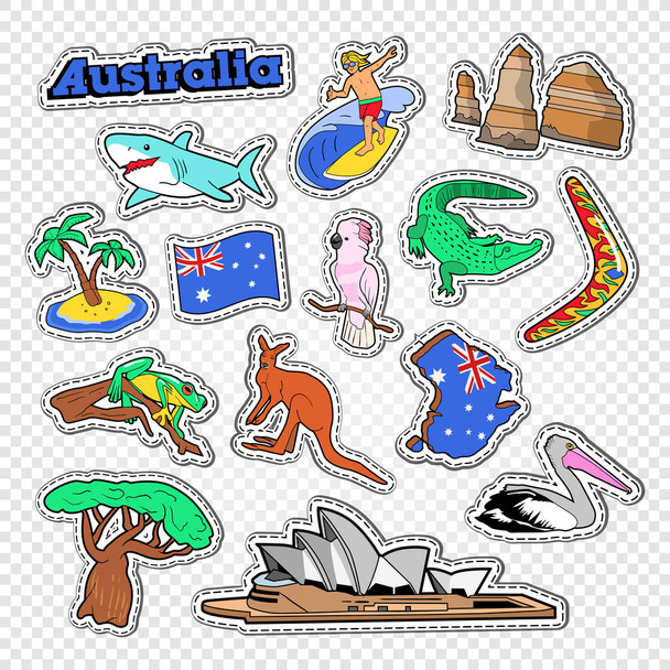 Utazás Ausztrália firka. Ausztrál matricák, kitűzők és javítások megjelenítése, állatok és építészet. Vektoros illusztráció - Vektor, kép