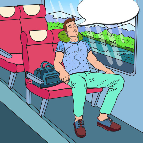 Popart moe jonge Man slapen in de trein en muziek luisteren. Toerisme, zomer reizen. Vectorillustratie - Vector, afbeelding