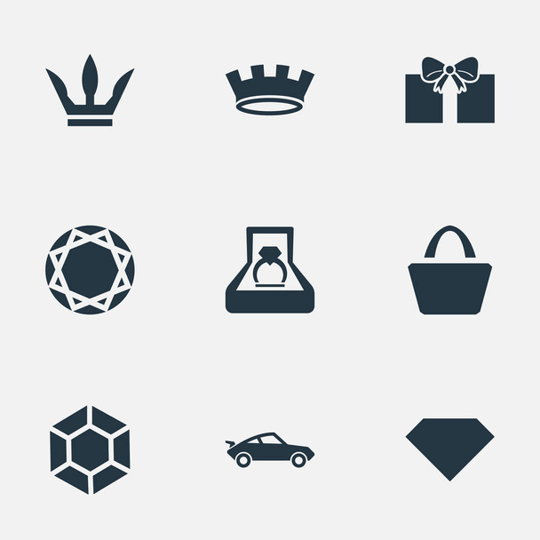 Vector Illustration Set Of Simple Money Icons. Elements Marriage, Gift, Satchel And Other Synonyms Present, Royalty And Diamond. - Vector, Image