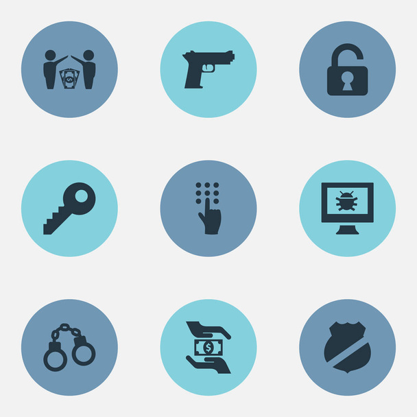 Illustrazione vettoriale Set di icone di protezione semplice. Elementi Password, Virus, Guardia e altre sinonimi Manette, Pistola e Bug
. - Vettoriali, immagini