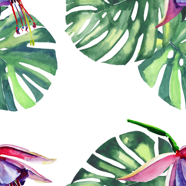 Beautiful bright lovely colorful tropical hawaii floral herbal summer pattern of tropical violet flowers orchids and palms leaves watercolor hand illustration. Perfect for cards, wallpapers, textile - Foto, immagini