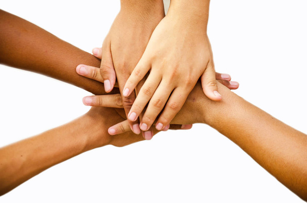 children hand for power and unity on white background - Photo, Image