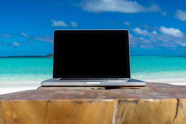 laptop blank screen on wooden desk with beach. relax concept.  - Foto, imagen