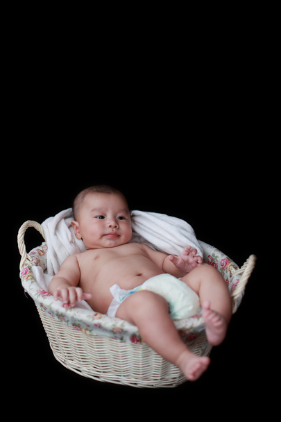 bebê bonito na cesta com fundo preto
 - Foto, Imagem