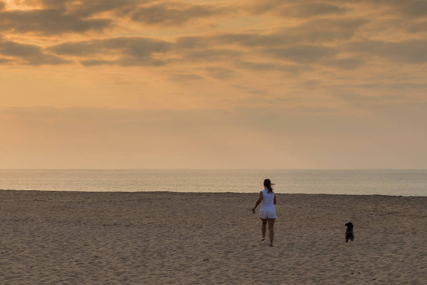 Girl running with dog on the beach. - Valokuva, kuva