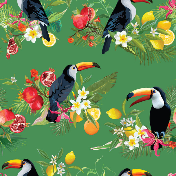 tropische Früchte, Blumen und Tukan-Vögel nahtlosen Hintergrund. Retro-Sommermuster im Vektor - Vektor, Bild