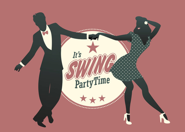 Young couple silhouette dancing swing, lindy hop or rock and rol - Vector, Image