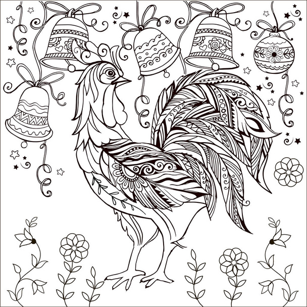 Decorative Rooster monochrome. Coloring page. Merry Christmas bell. - Vetor, Imagem