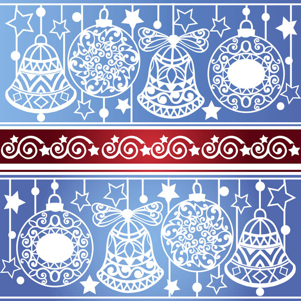Striped Christmas ornament with snowflakes, bells. Decorative ornament backdrop for fabric, textile, wrapping paper. - Vector, Image