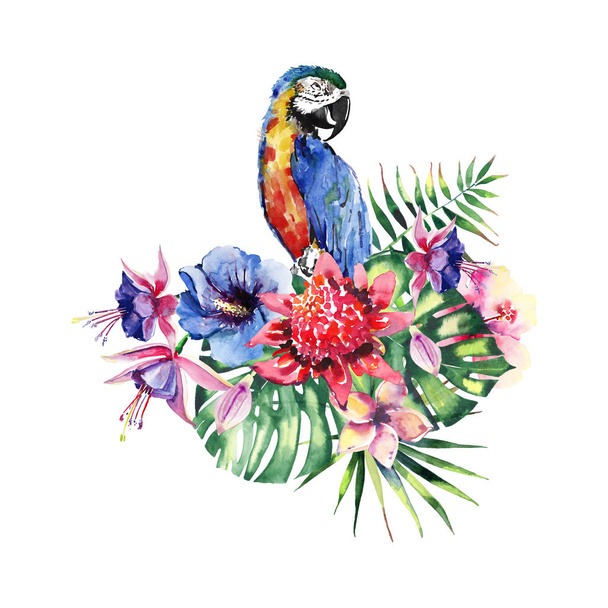 Beautiful bright lovely colorful tropical hawaii floral herbal summer pattern of tropical flowers hibiscus and orchids, palms leaves and colorful tropical yellow blue parrot watercolor hand sketch - 写真・画像