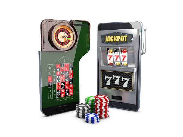 3D-Illustretion van online mobiele casino. Slimme telefoon met chips - Foto, afbeelding