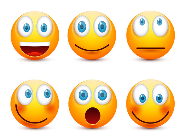 Smiley mit blauen Augen, Emoticon-Set. Gelbes Gesicht mit Emotionen. Gesichtsausdruck. 3D realistische Emojis. traurig, glücklich, wütend faces.funny cartoon character.mood.vector illustration. - Vektor, Bild