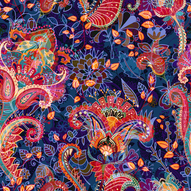 Patrón floral inconsútil colorido. Adorno de Paisley. Flores decorativas y hierba. Diseño para telas, tarjetas, web, decoupage
 - Vector, Imagen
